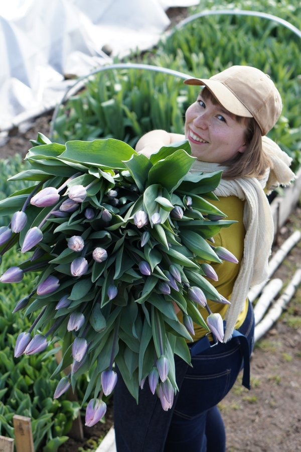 Monosilla Garden kuva naisyrittäjästä joka pitelee violetteja tulppaaneja sylissä.