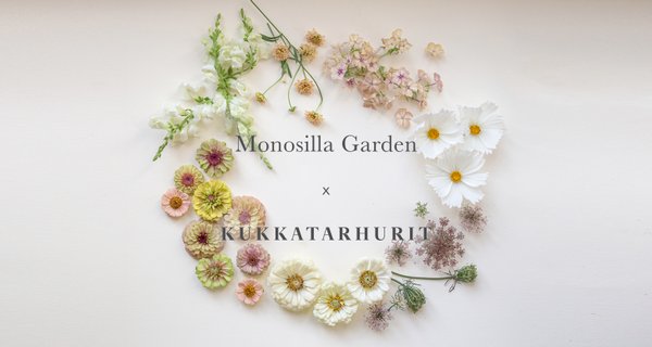 Monosilla Garden ja Kukkatarhurit kukkia kranssin muodossa.